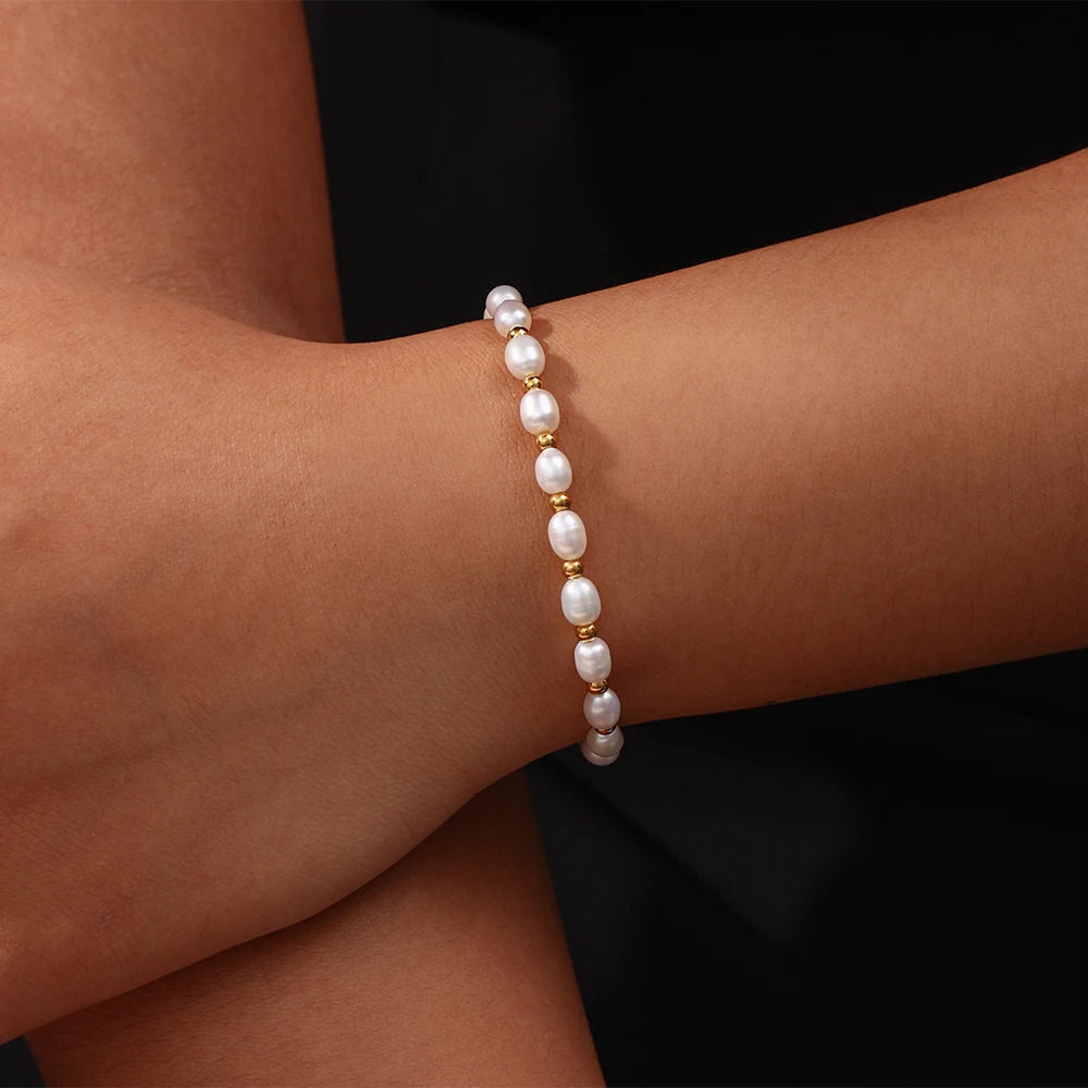 100% Real Natural Oval Shape Freshwater Pearl Beaded Bracelet For Women High Quality 18K Gold Plated Waterproof Bracelet Jewelry 250712