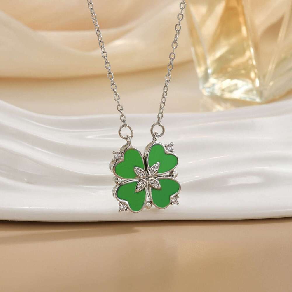 For Women Green Four-Leaf Clover Multi-Wear Heart Deformation Simple Fashionable Elegant Versatile Niche Light Necklace Jewelry 124