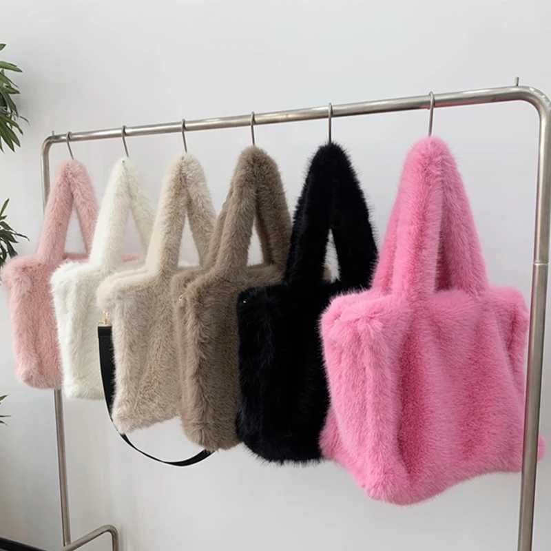 Faux Fur Big Tote Bag For Womens Bags Large Capacity Luxury Brand Bag Plush Handbags Autumn Winter Plush Shoulder Crossbody Bag