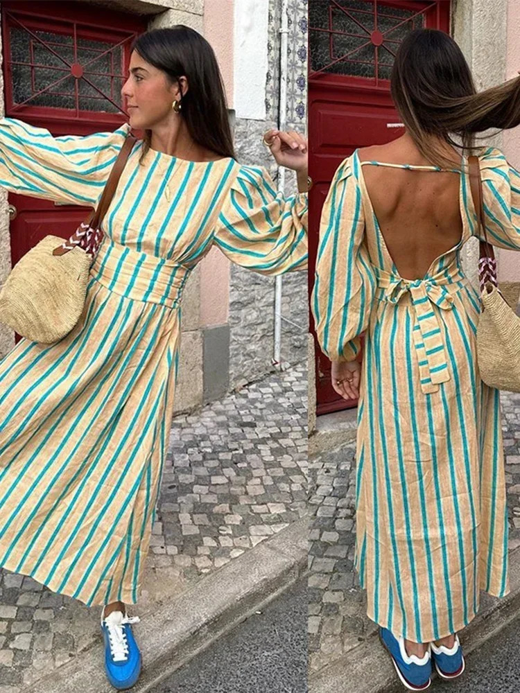 Striped Print Women Maxi Dress women Elegant O Neck Lantern Sleeve Backless Female Dresses 2025 Summer High Waisted Robe 250715