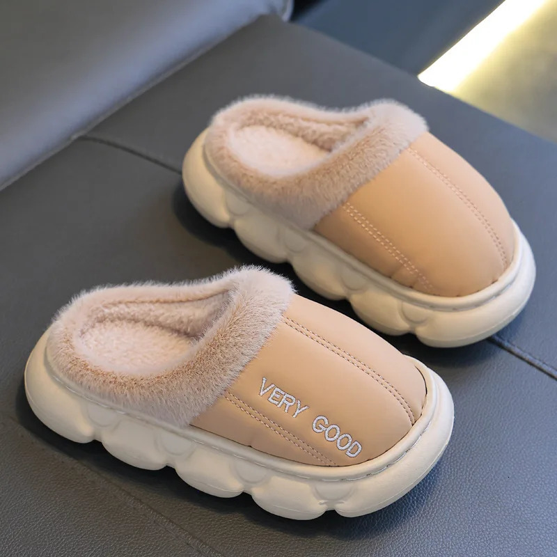 Childrens PU Leather Plush Slippers Soft Sole Non-slip Winter Warm Baby Boys Girls Indoor Home Cotton Shoes 250716