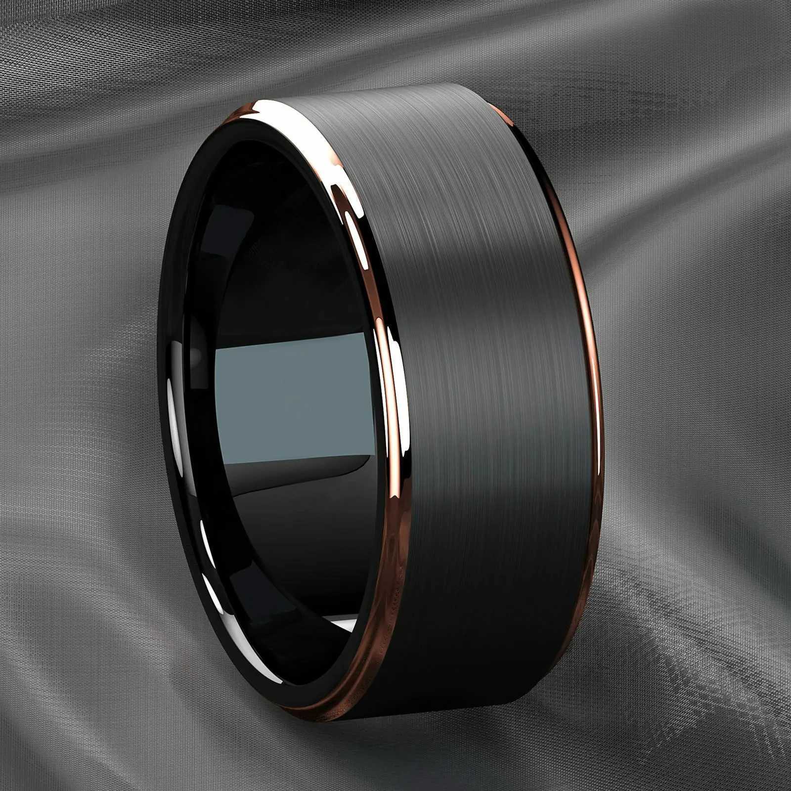 Fashion 8mm Stainless Steel Rings for Men Rose Gold Color Step Edge Black Brushed Men Rings Wedding Party Jewelry Gifts S250716