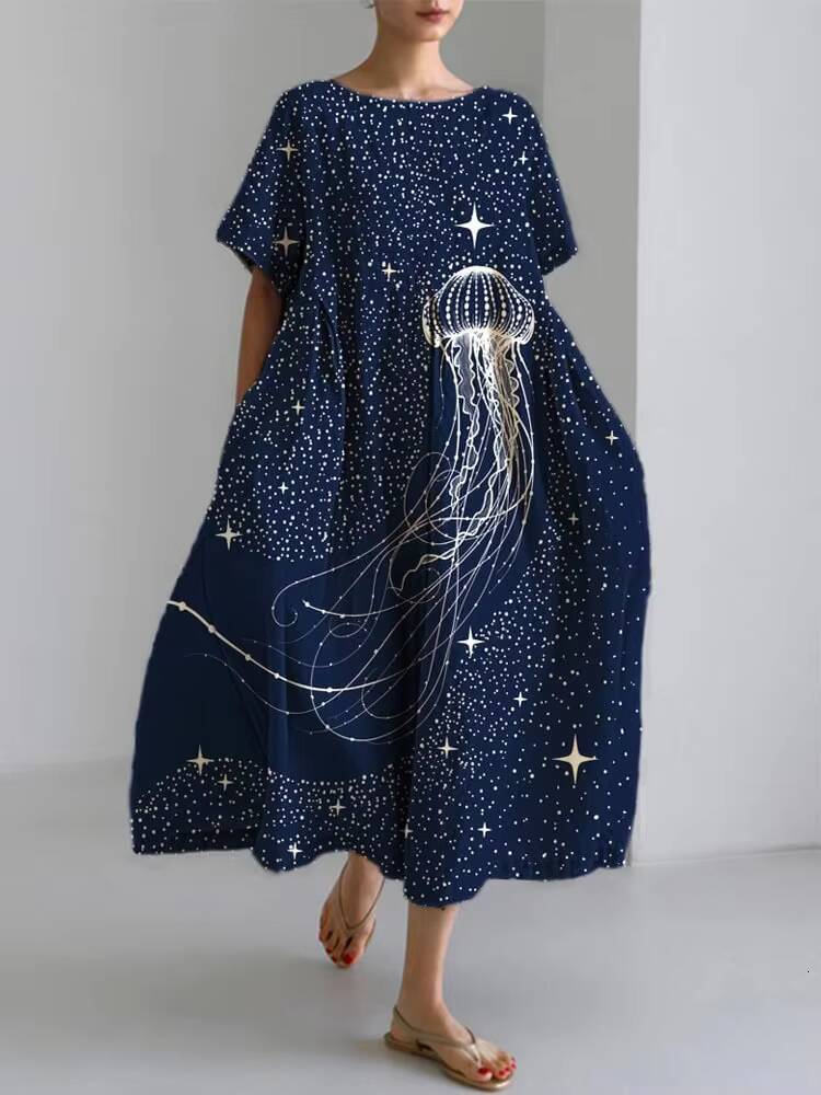 Summer Retro Japanese Womens Casual Short-sleeved Extra-long Fish Print Loose Round Neck High Waist Wide Hem Dress dongdumaoyi