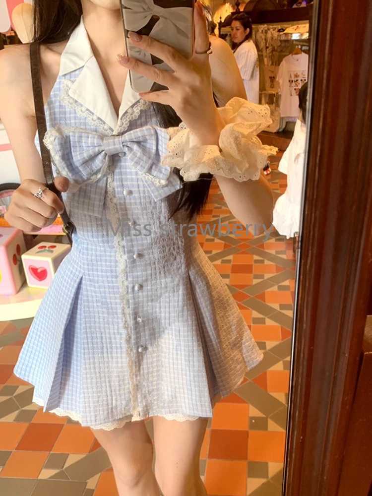 France Elegant Plaid Slim Dress Women Summer Sweet V-neck Sleeveless Blue Thin Dresses Design Fashion Bow Ruffle New Outfits R250716