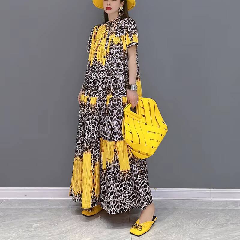 Korean Style Painting Fashion New Woman Summer Casual Loose Fit Yellow Blue Leopard Printed Long Boho Dress Robe JJXD071 dongdumaoyi
