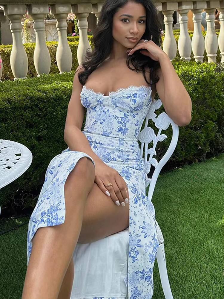 Hugcitar Ruffles Floral Print Slip Sleeveless Backless Sexy Bodycon Slit Midi Dress Summer Elegant Clothes Party Y2K Wholesale dongdumaoyi