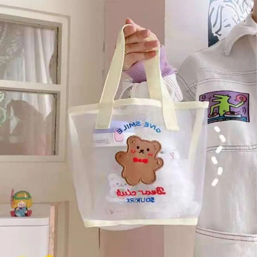 INS Cute Bear Cosmetic Bag Women Fashion Handbag Transparent Mesh Makeup Case Summer Convenient Swimming Outdoor Beach Bag 250714