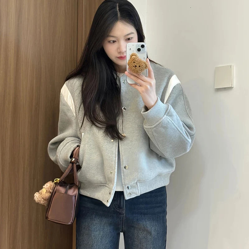 Rimocy Autumn Gray Baseball Uniform Coat Women Streetwear Round Neck Cropped Bomber Jacket Woman Long Sleeve Casual Jackets 250716