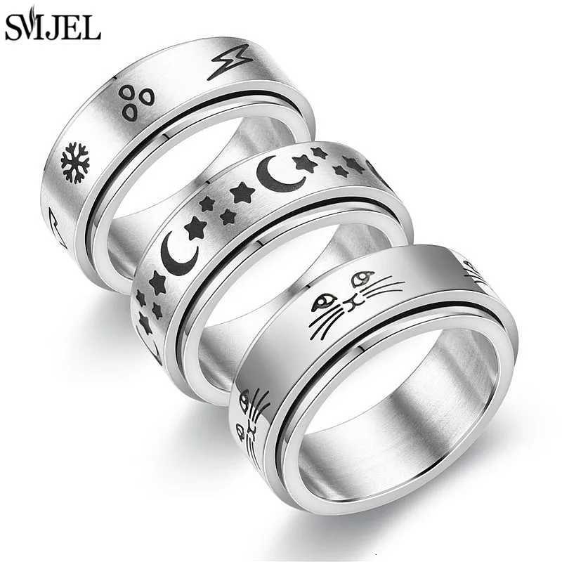 Punk Anti Stress Fidget Spinner Ring Black for Men Women Stainless Steel Anxiety Knuckle Rings 6/8mm Relaxing Finger Jewelry S250716