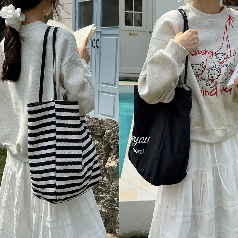 Casual Large Capacity Womens Canvas Shoulder Bags Striped Female Shopping Bag Summer Seaside Handbags Beach Tote 250714