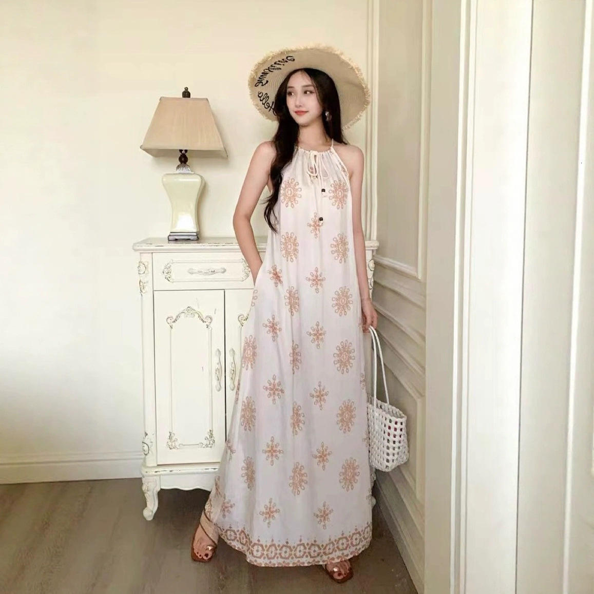 2025 Ethnic Style Xinjiang Loose Retro Printed Tie Strap Vacation Plus Size Summer Dress