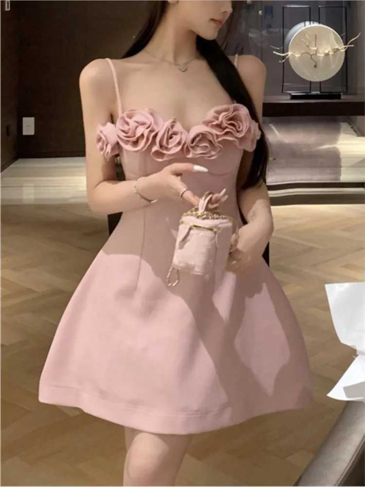 Women Summer Spaghetti Straps French Style Princess Pink Prom Gown 3D Flowers A-line Mini Party Dresses Lovely Tutu Dress R250716