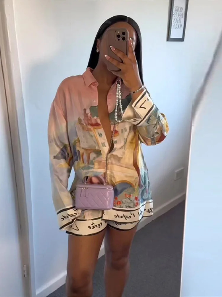 Fashion Printed 2 Piece Set Loose Lapel Button Long Sleeved Shirt Elastic Waist Shorts Suit 2025 Spring Summer Beach Lady 250714