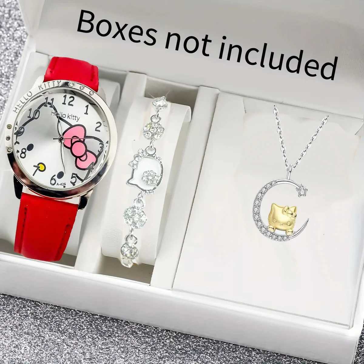 Sanrio 3pcs/set Hello Kitty Quartz Watch for Women and Children Waterproof Kawaii Lady Fashion WristWatch Hello Kitty Bracelet and Necklacew250716