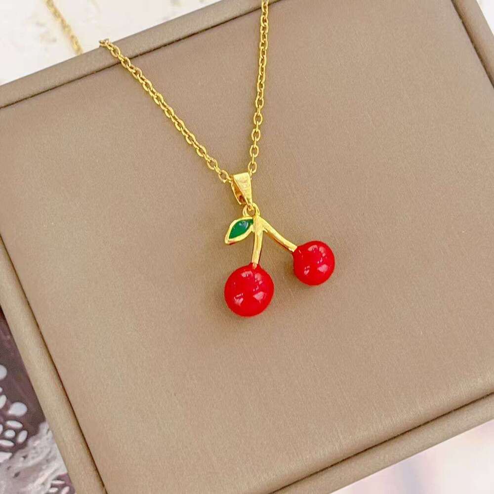 Hot-Selling Jewelry Red Cherry Pendant Necklace Collarbone Chain For Women 4F6