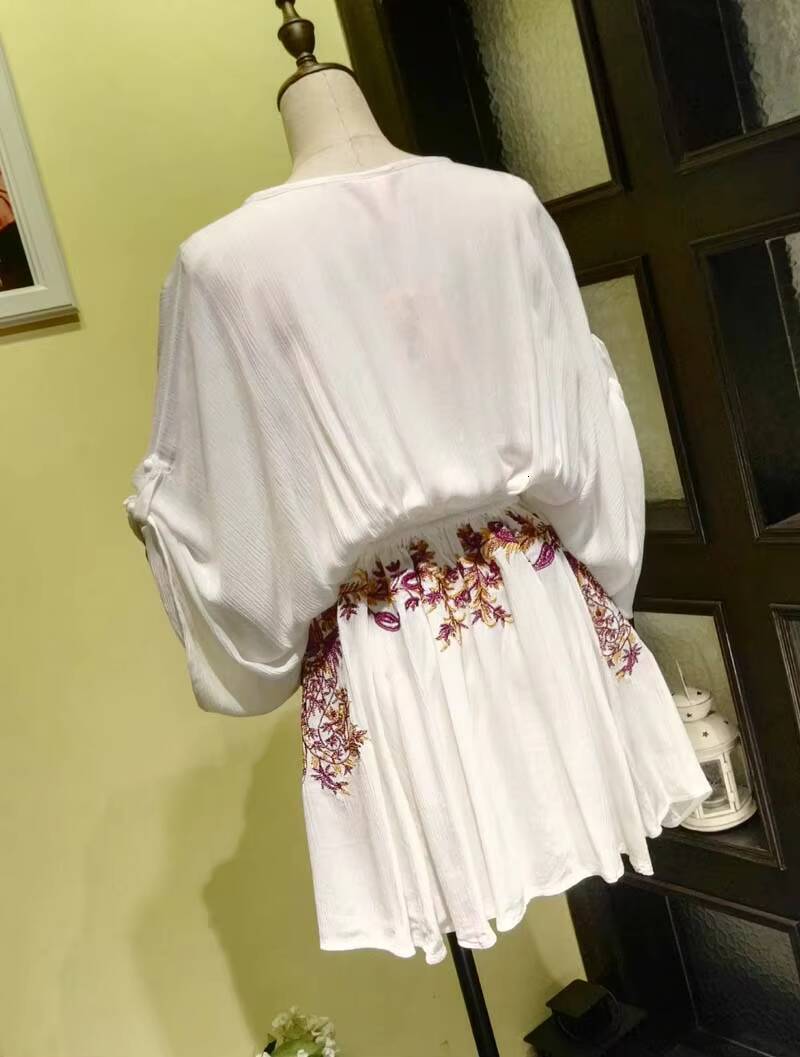 Boho sexy dress summer beach style cotton embroidered deep V-neck drawstring Waist half Sleeve mini women brand clothing dongdumaoyi