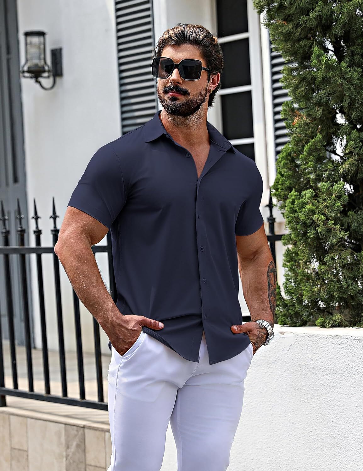 Men's Muscle Dress Slim Fit Stretch Short Sleeve Casual Button Down Shirts for Men