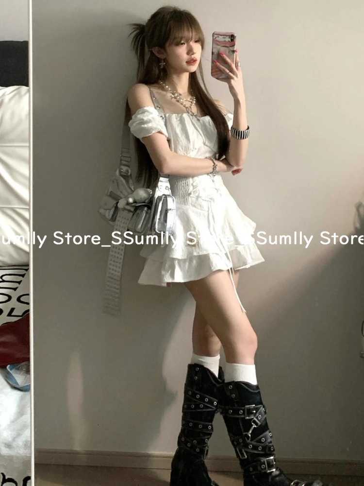 Korean Fashion Design Sense White Dress Women Solid Y2k Puff Sleeve One Piece Dress Party Summer New Elegant Slim Princess Dress R250716