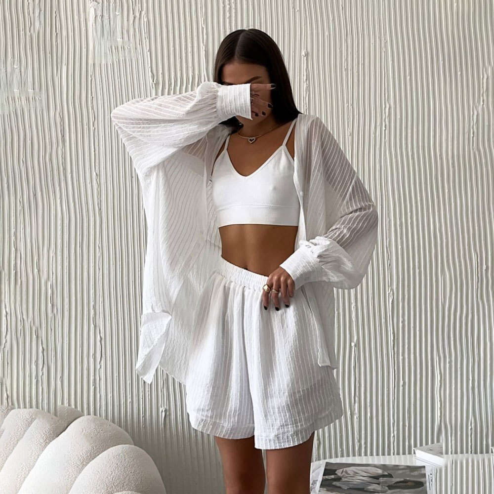 Women's Clothing Summer Elegant Casual Textured Long Sleeve Vertical Stripe Shirt + Shorts Set B5