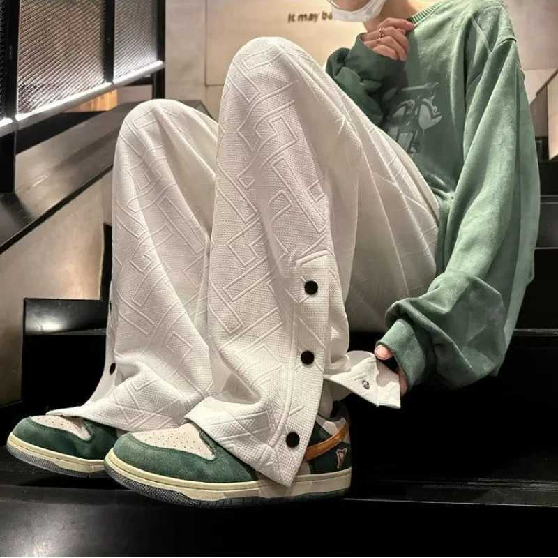 igh Street Vintage Casual Buckle Side Split Loose Wide Leg Pants Mens Solid Elastic Waist Drawstring Pockets Straight Trousers y250716
