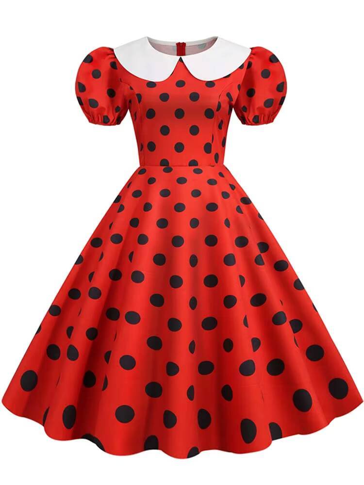Polka Dot Vintage Women Summer Pink Rockabilly Office Party Dress Casual Peter Pan Collar Sundress Vestidos dongdumaoyi