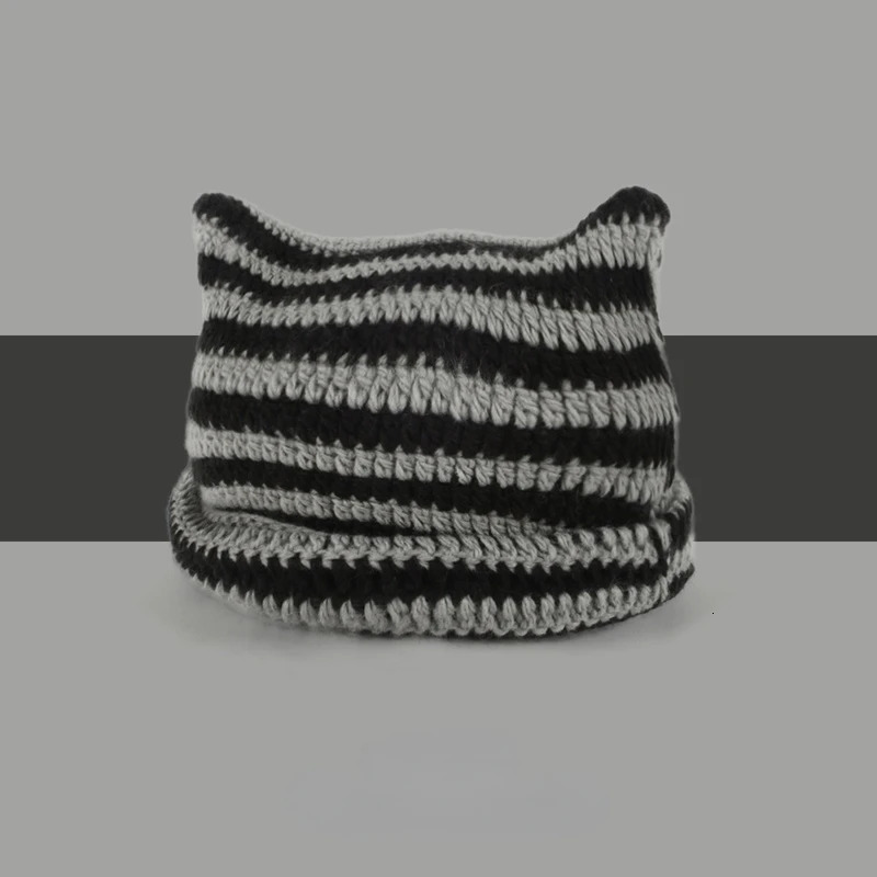 Beanie Hat Ins Little Devil Striped Knitted Wool Cap Autumn and Winter Crochet Cute Cat Ears Pointed Pullover Womens Hats 250715