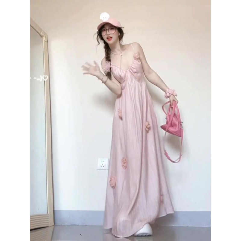 2025 Plus Size French Style Pink Floral Backless Strap Dress Summer New Stunning Slimming Long Tummy Covering