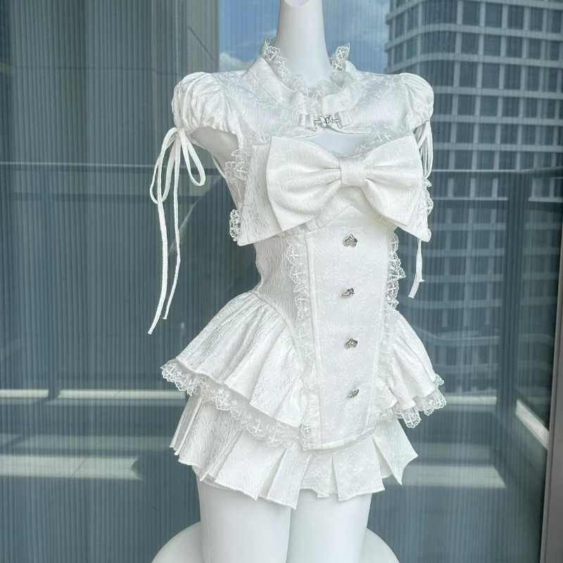 Japanese Sweet Lolita Style Skirt Set Women Kawaii Lace Patchwork Bow Tops Cute Mini Cake Skirts Suits Korean Y2k 2 Piece Sets R250716