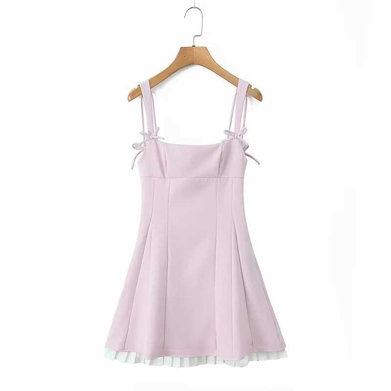YENKYE Pink Black Sexy Spaghetti Straps Dress Women Pleated Hem Patchwork A-line Slim Mini Dresses Elegant Summer Dress R250716