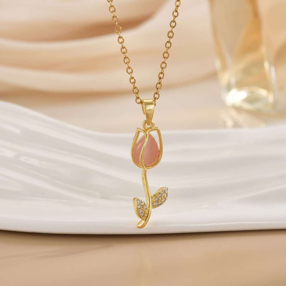 Internet Celebrity Fashion Titanium Steel Necklace For Women, Niche High-End Feel, Non-Fading Collarbone Chain, Light Versatile Tulip Jewelry 6E4