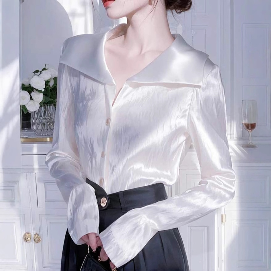 Western style white long sleeved satin shirt for women, 2025 early spring new style unique and chic French professional shirt