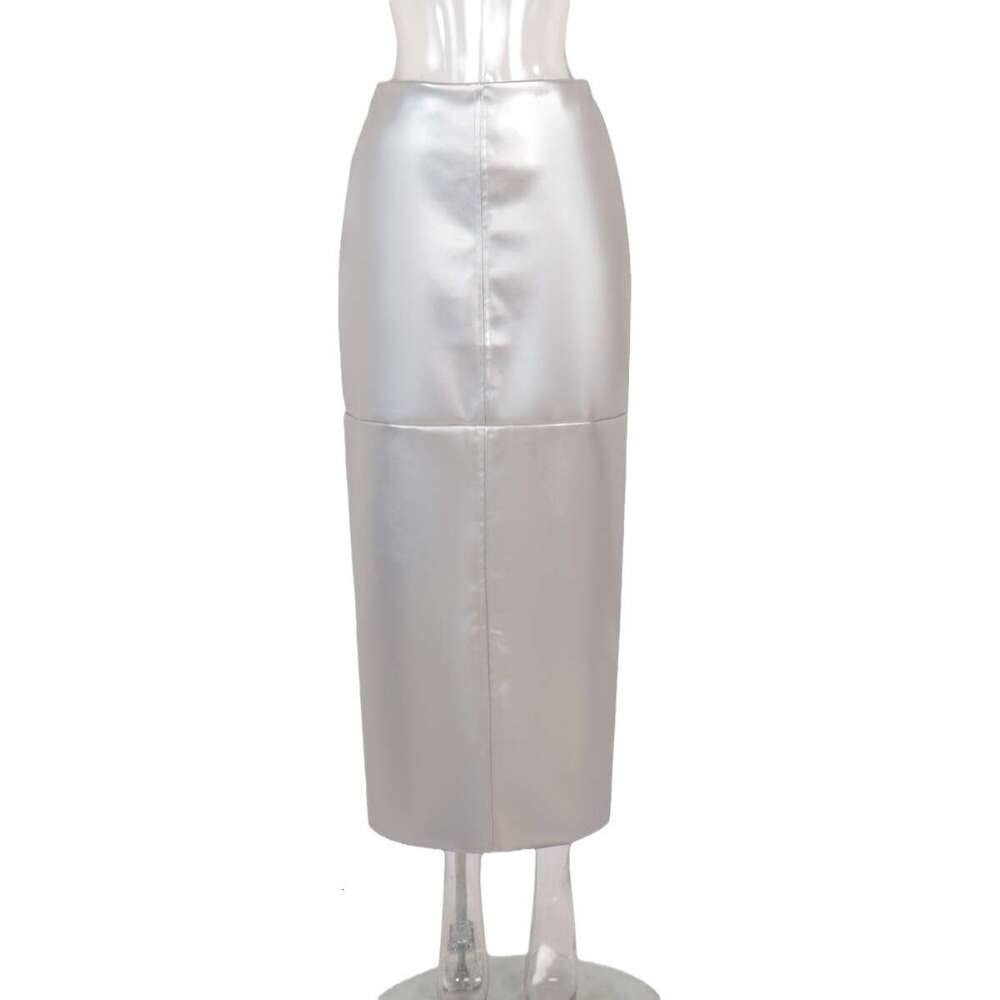 PU Spring Split Stitching Metallic Glossy Leather Bodycon Skirt For Women B5