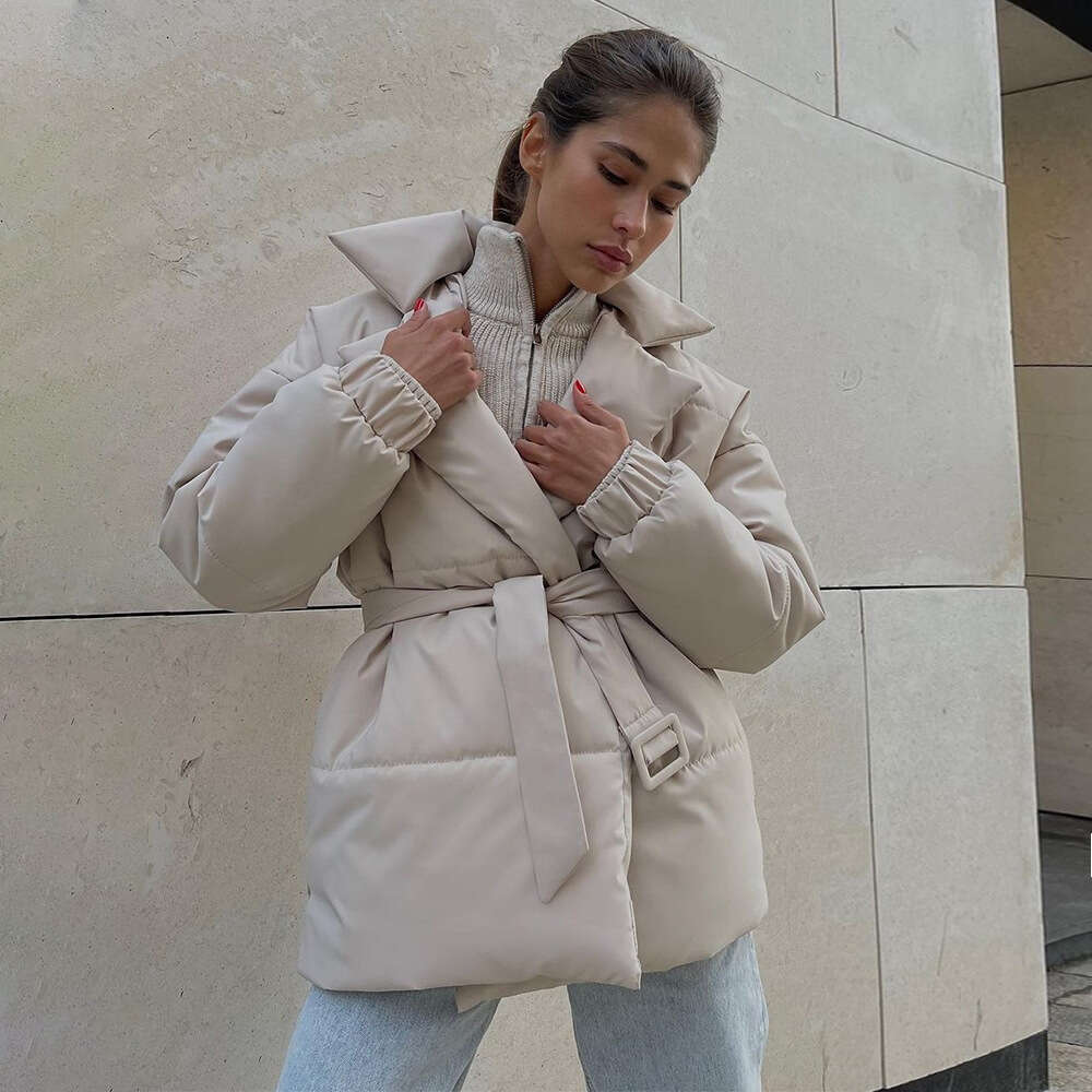 Winter New Thickened Slimming Waist Jacket With Belt Solid Color Cotton Coat B5