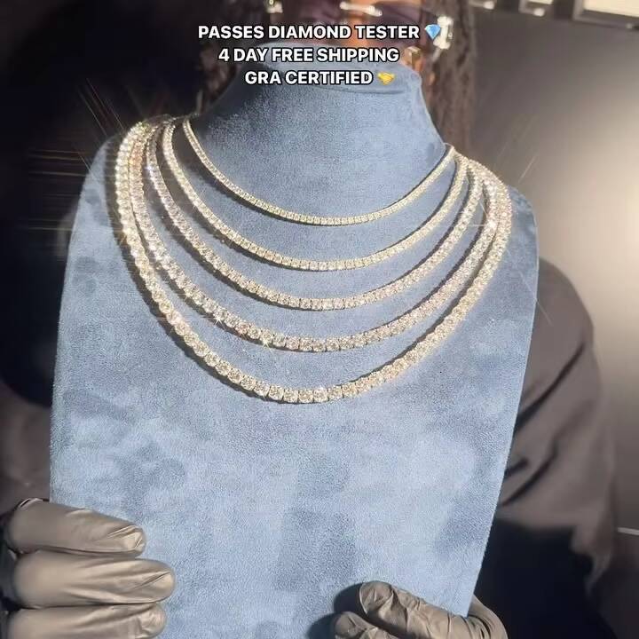 Hip Hop Iced Out Fine Jewelry Lab Diamond S925 Silver Vvs Moissanite Tennis Chain Necklace for Men Women