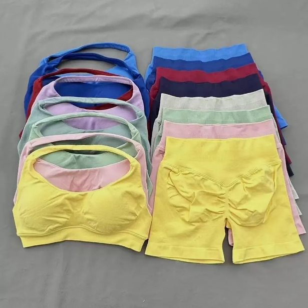 dfynee Impact Gym Set Women 2 Piece Strappy Yoga Bra High Waist Workout Scrunch Shorts Sports Suit Fitness Clothes Seamless Yoga Set Backless Tops Outfit