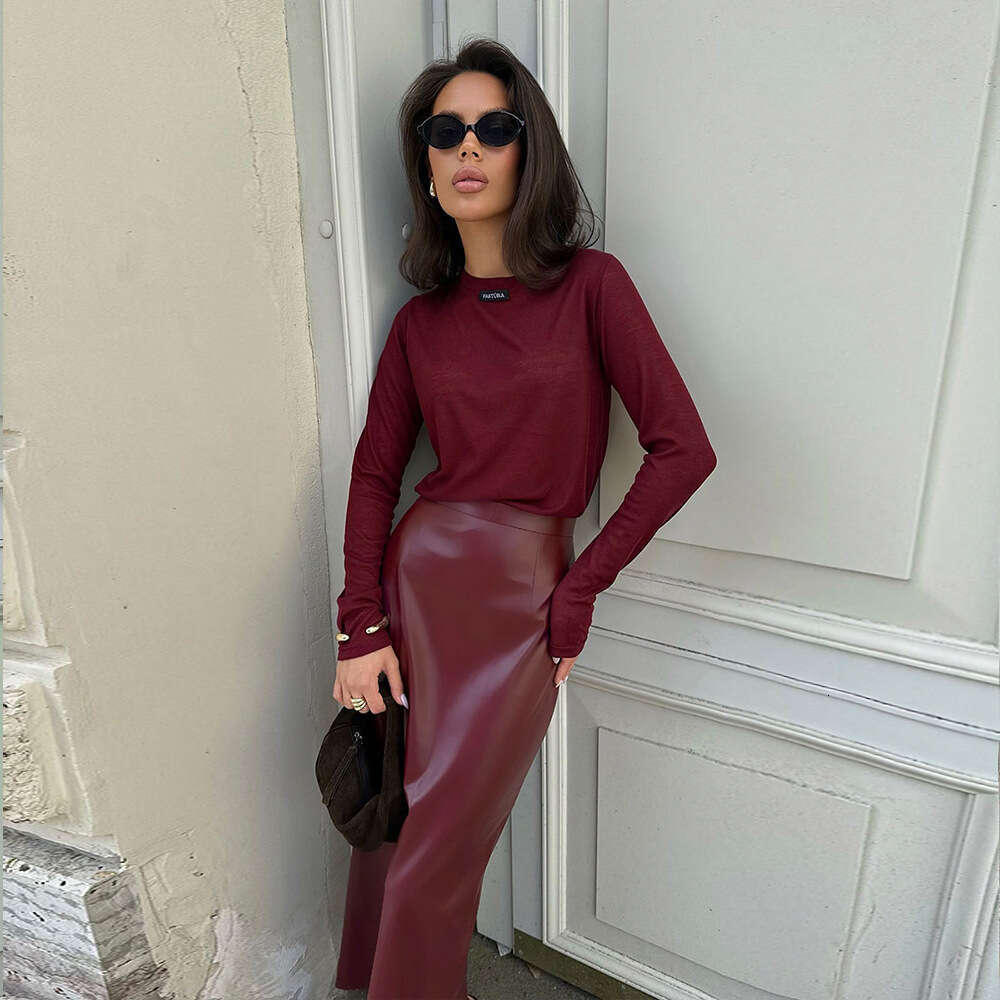 Ankela Red Split Bodycon Autumn New Fashion Leather High-End Slim PU Midi Skirt B5