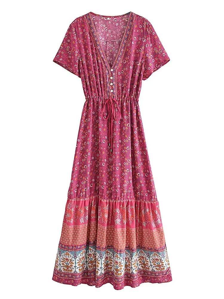 Vintage Chic Women Floral Print Bat Sleeve Beach Bohemian Maxi Dresses Ladies Button V Neck Summer Boho Dress Robe Vestidos dongdumaoyi
