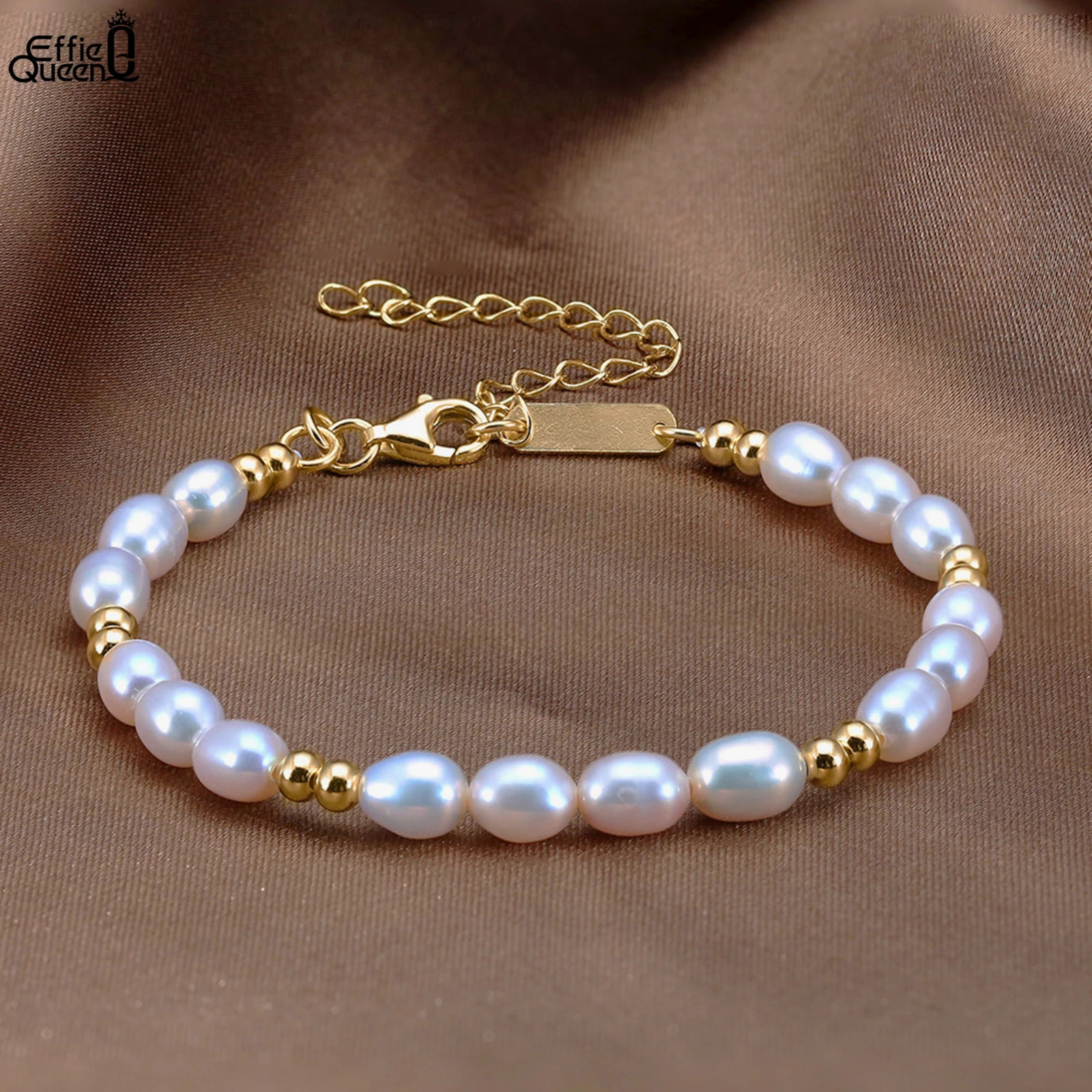 EFFIE QUEEN 14K Gold Beads Chain Bracelet 925 Sterling Silver Cultured freshwater Pearl Bracelet Wedding Jewelry for Women GPB36 250712
