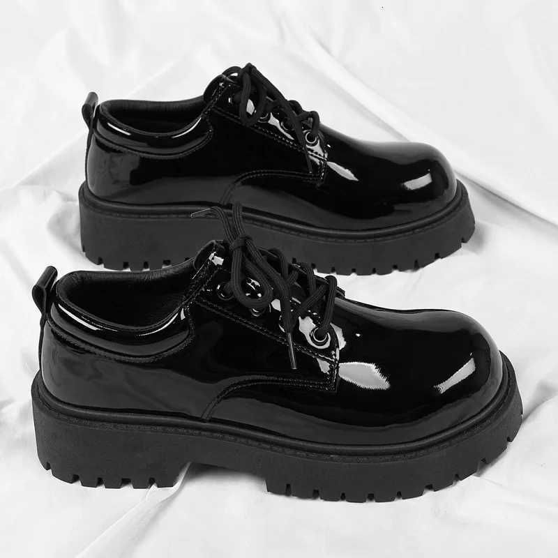 Mens Glossy Patent Leather Derby Shoes British-Style Round-Toe Boots Comfortable Formal/Casual Office Footwear for Wide Feet W250716