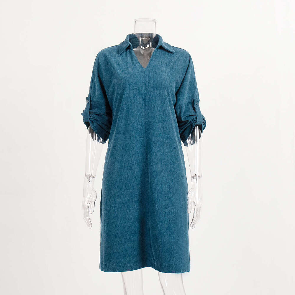 Corduroy Mid-Length Spring Summer Elegant Commuter Loose Turn-Down Collar Button Dress B5