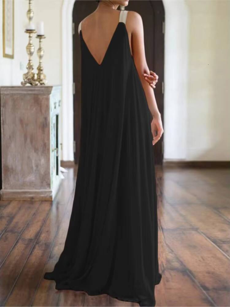 Fashion Spaghetti Strap Solid Boho Dress Summer Womens V Neck Sleeveless Loose Maxi Long Dresses New 2024 For Women Robe Femme dongdumaoyi