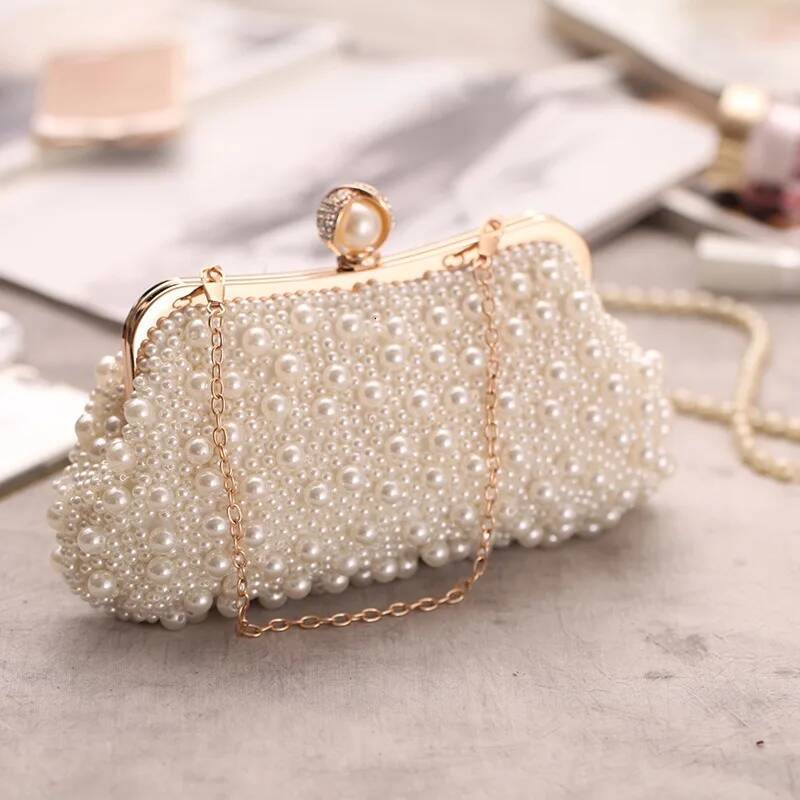 Handmade String - Pearl Dinner Bag, Embroidered Bead Clutch, Beige For Wedding & New Year Carteras De Fiesta Flores