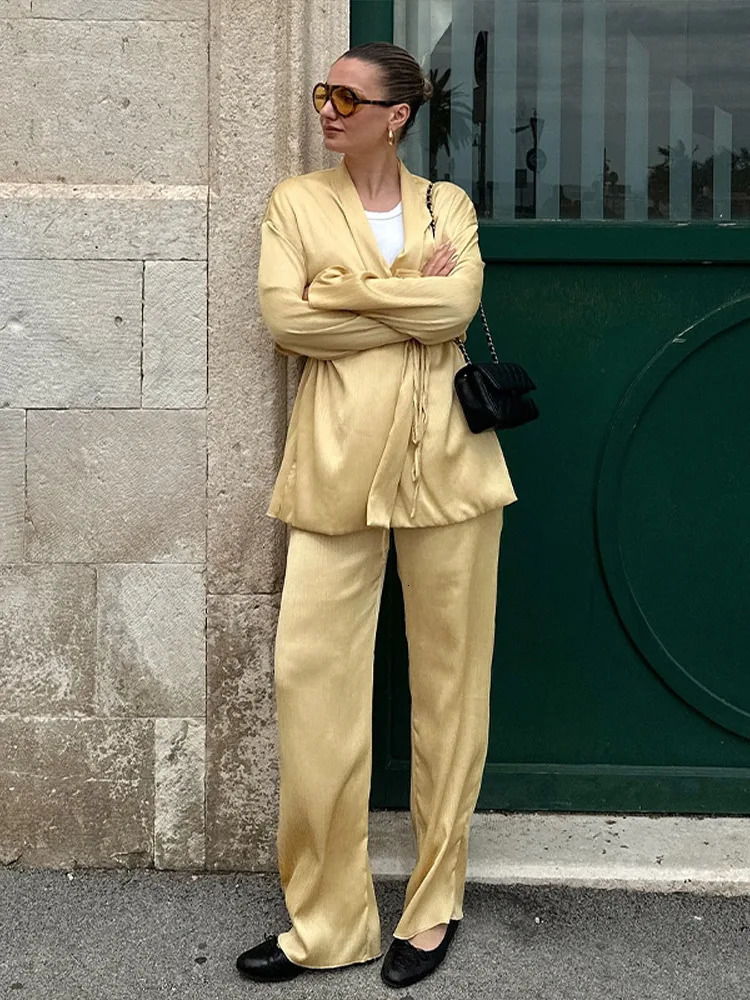 Casual Pleated Lace Up Shirt Pants Sets Women Loose V-neck Long Sleeve Tops Wide Leg Pant Female Suit 2025 Summer Solid Lady Set 250715