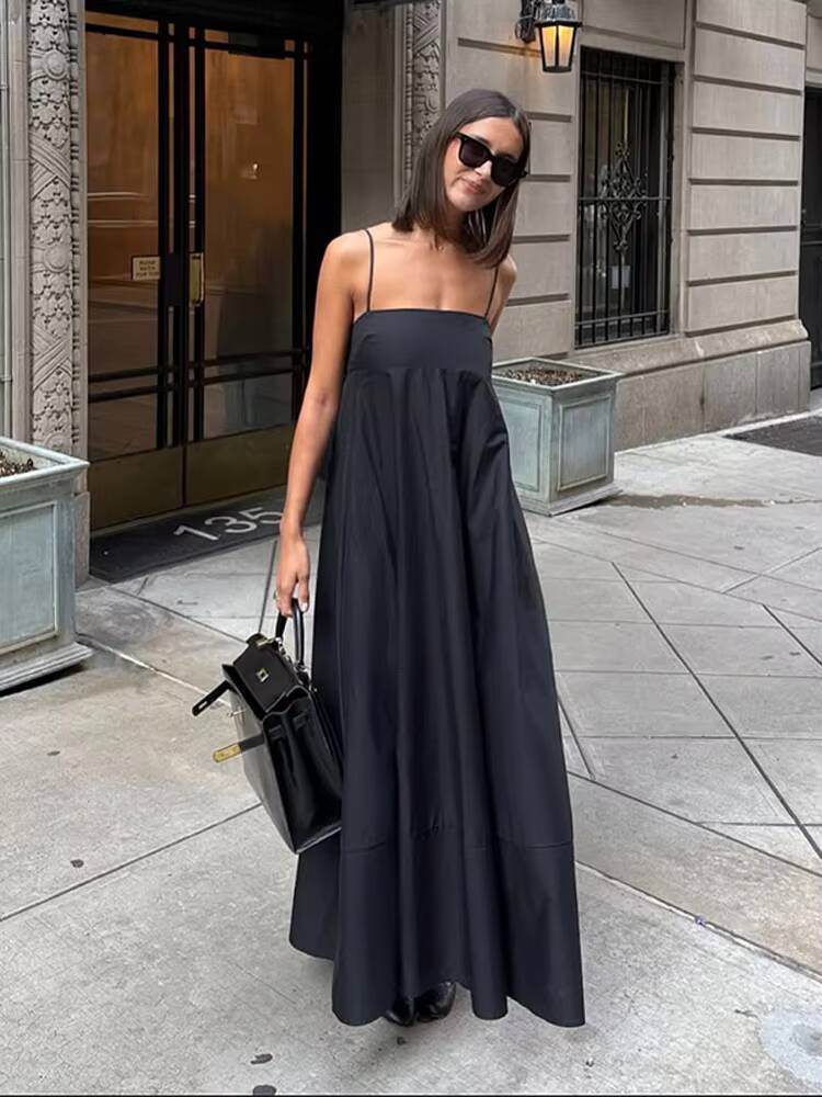 Solid Backless Spaghetti Strap Dress Womens Fashion Loose High Waist A-line Vestidos Summer Lady Holiday Street Robes 2025 New dongdumaoyi