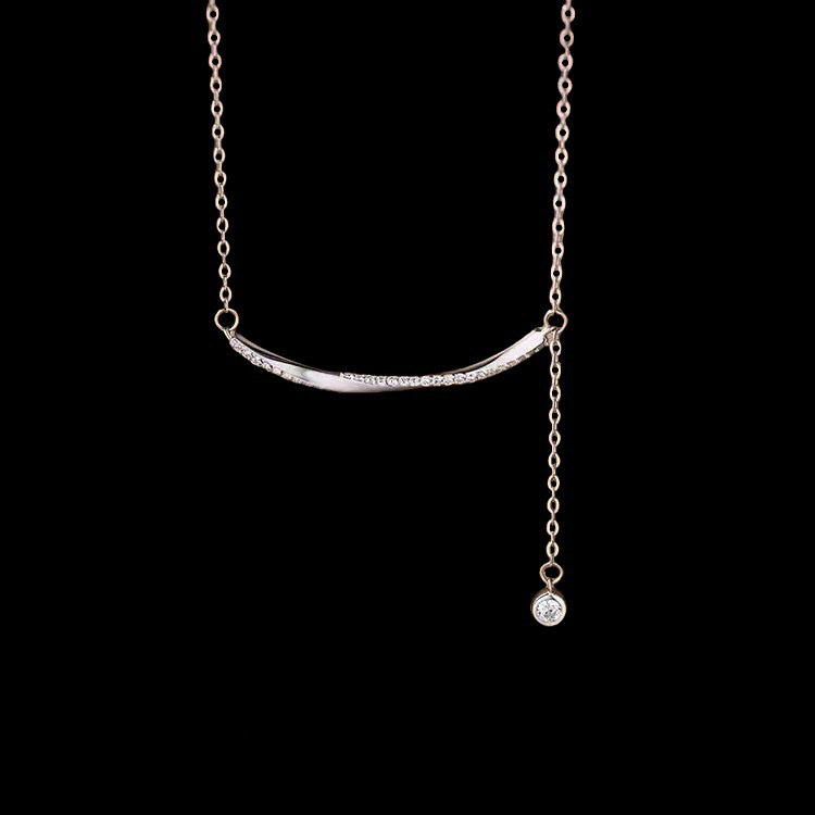 Silver - Toned Rhinestone - Encrusted Curved Bar Necklace With Dangling Single Stone Pendant Elegant Daily And Special Occasions Gift For Her Fashion 