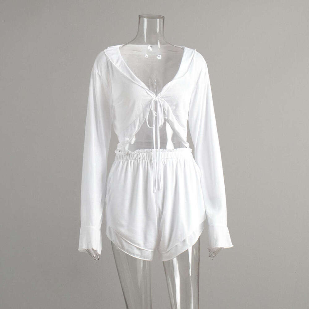 Lace-Up Cardigan Shorts Pajama Set Summer New Knitted Pajamas Comfortable Loungewear For Women B5