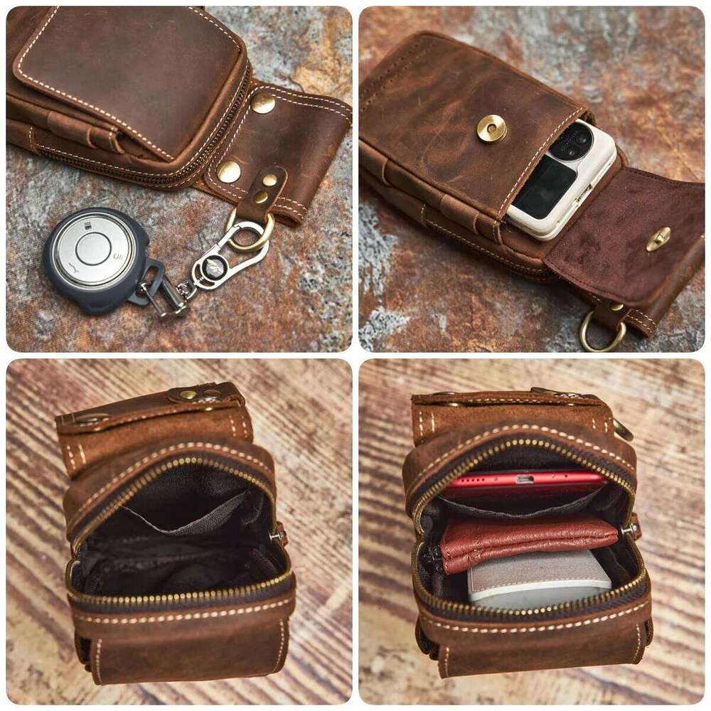 Genuine Leather Men's Multifunctional Mobile Phone Wearable Belt Waist Bag with Key Hanging Buckle