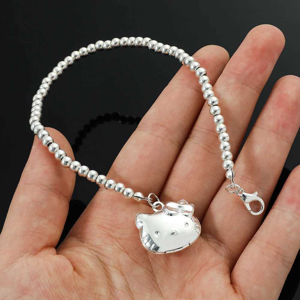 Sanrio 925 Silver Color Pendant Bracelet with Kawaii Kitty Cat for Women and Girls Student Gift Can Open Bracelet w250716