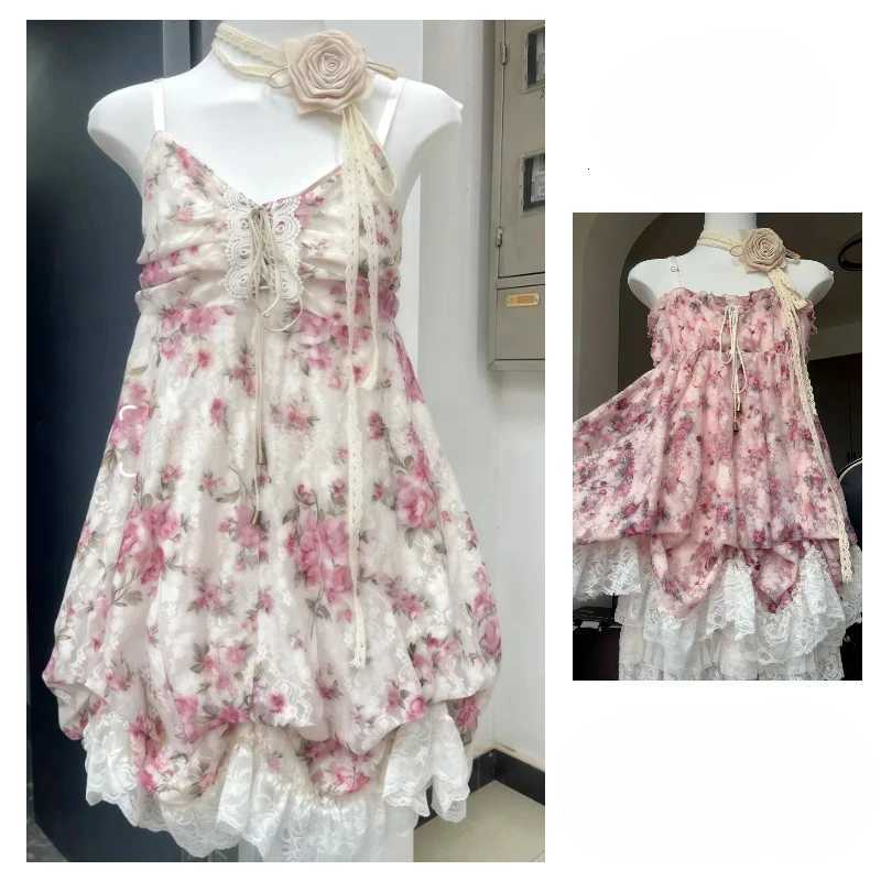 2025 Summer Y2k Womens Dress Female Floral Lace Vintage Fairy Sleeveless High Waist Elegant French Sweet One-Piece Dress Party R250716