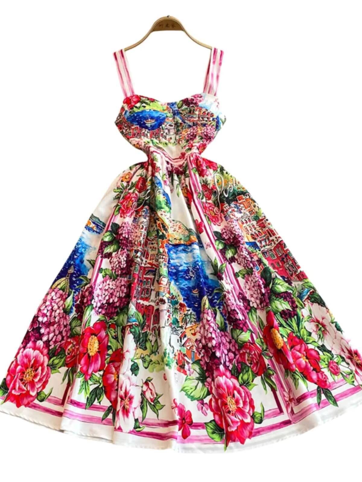 Designer Summer Holiday Floral Print Midi Prom Dress Women Bustier Corset Strechy Back Sundress Party Long Evening Dresses dongdumaoyi